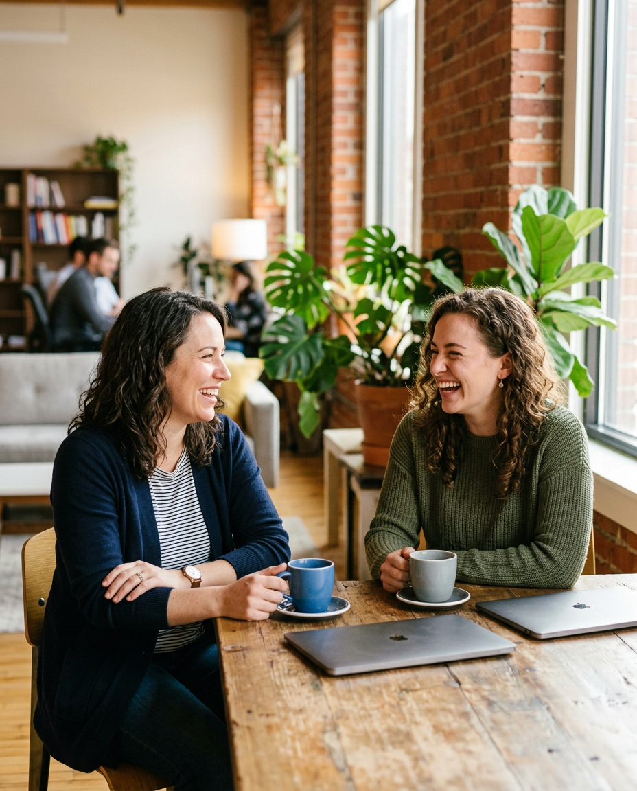 Two professionals laughing over coffee in a bright office